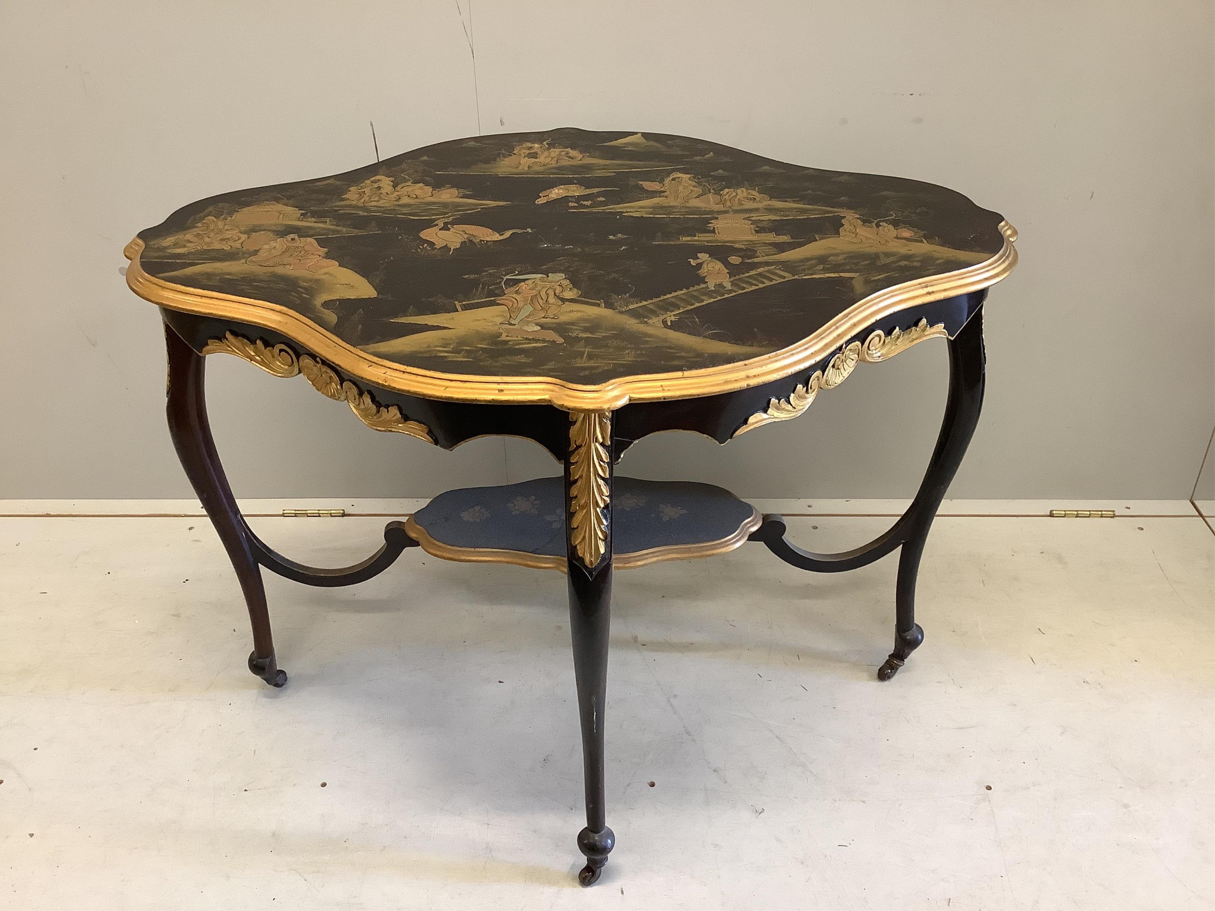 A suite of 20th century chinoiserie lacquer furniture comprising a standing corner cupboard, width 65cm, depth 40cm, height 182cm, a shaped oval centre table and four chairs